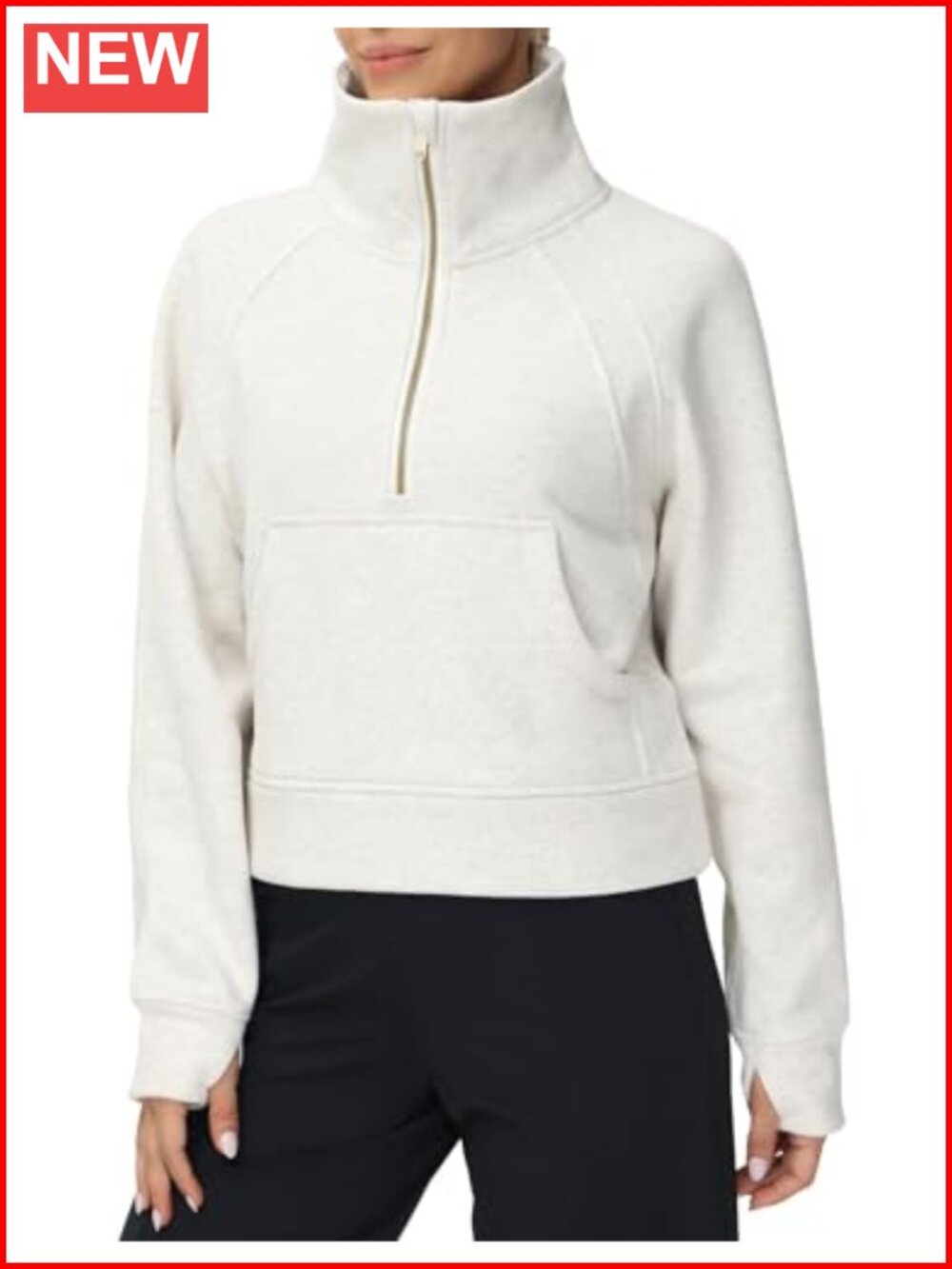Womens Half Zip Fleece Crop Sweatshirt Kangaroo Pocket Thumb Holes Sports Gym